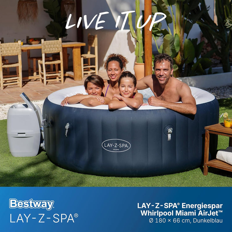 Bestway Lay-Z-SPA Spa inflable de bajo consumo Miami AirJet, Ø 180 x 66 cm, 4 personas, calefacción, protector contra heladas, 120 chorros AirJet, aislamiento de bajo consumo, cubierta térmica, azul oscuro