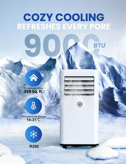 Aire acondicionado portátil de 9000 BTU, 4 en 1: refrigeración, ventilador, deshumidificador y modo sueño, silencioso, con mando a distancia, temporizador de 24 h y kit de ventana, para dormitorio, oficina, garaje, 33 m²