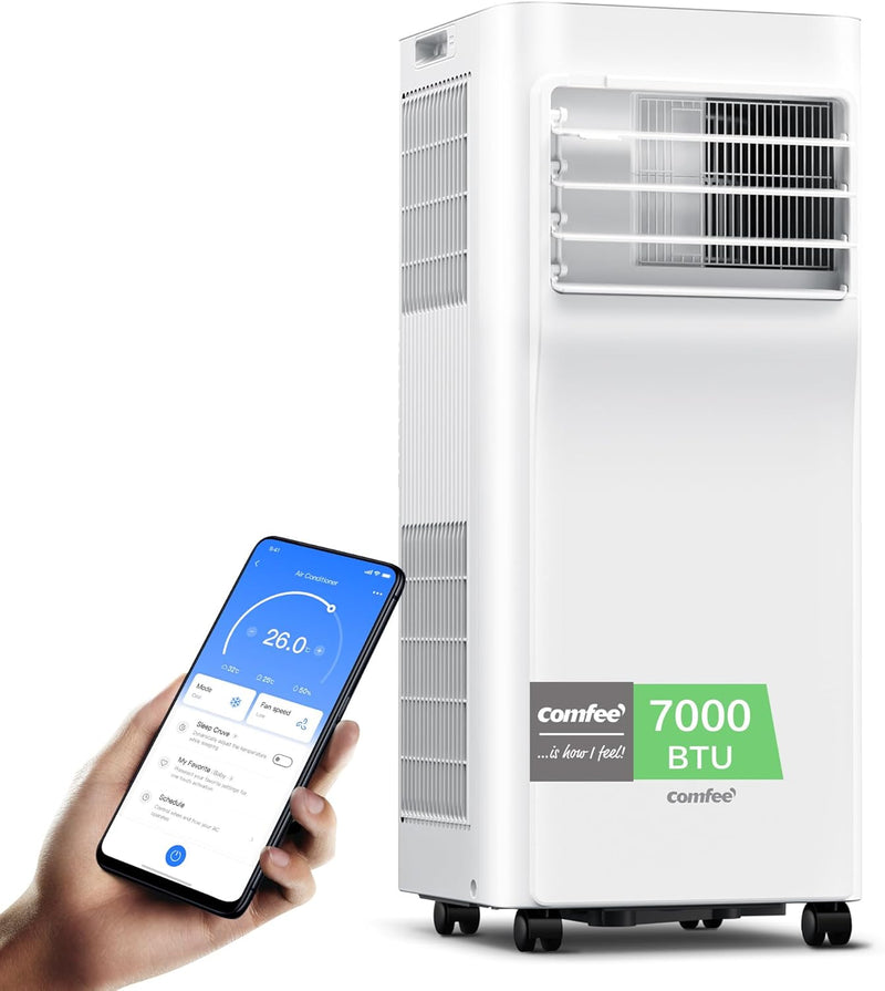 Aire acondicionado portátil Breezy Cool Pro 2.0, 7000 BTU 2,0 kW, refrigeración, ventilación y deshumidificación, control por aplicación, tamaño de habitación hasta 68 m³ (25 m²), aire acondicionado móvil con tubo de escape.