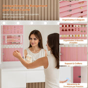 TRIUMPHKEY Tocador con espejo grande y regleta, 12 bombillas LED ajustables, mesa de maquillaje con 7 cajones, almacenamiento de joyas, cómoda grande moderna de 120x40x140 cm, blanco