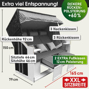 BRAST® Cesta de playa Usedom XXL de 3 plazas para 2-3 personas | 165 cm de ancho | 5 diseños | incluye funda impermeable | respaldo ajustable, cojines para los pies | antracita/gris - a rayas