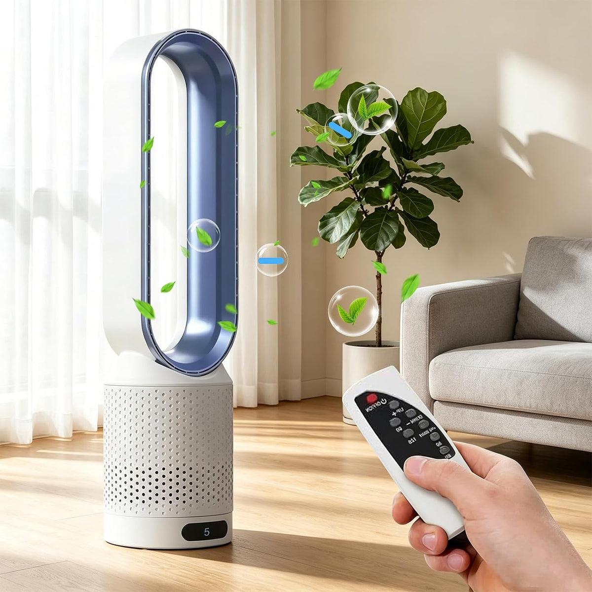 Ventilador sin aspas con mando a distancia, enfriador de aire cooling ace, aire acondicionado portátil, 8 velocidades, oscilación de 90°, temporizador de 2H, ventilador sin aspas de 30W de bajo consumo para dormitorio y hogar (Azul)
