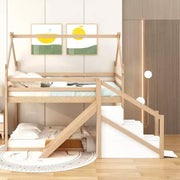 Literas tipo casita con tobogán y escaleras de almacenamiento, litera de madera individual sobre individual para niños con techo y escaleras para niñas y niños