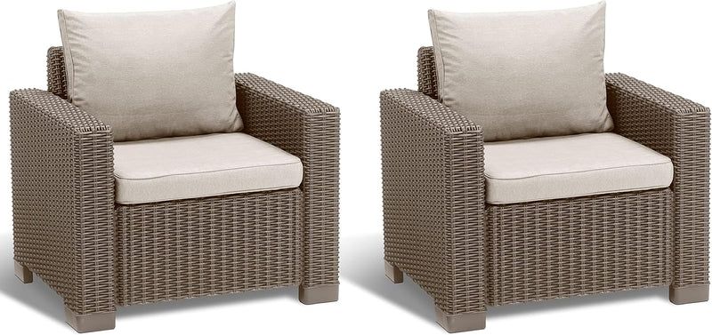 Allibert by Keter California Juego de 2 sillones de jardín con cojines de asiento y respaldo, de plástico, efecto ratán, color capuchino/arena, 83 x 68 x 72 cm