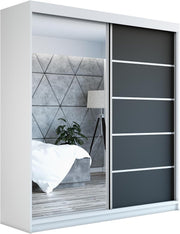 A&J MöbelLand Armario con puertas correderas GAPI, armario de 2 puertas con espejo, ropero de 160 cm (blanco/negro/negro)