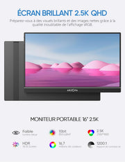 Monitor portátil ARZOPA 2,5K de 16 pulgadas, 2560 x 1600, HDR, 10 bits, QHD, interfaz C, HDMI para laptop, IPS 16:10, cuidado ocular, segunda pantalla externa para Mac, PC, PS4/5, Xbox, Switch (Z1RC)