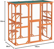 Recinto exterior para gatos Wiltec 168 x 82 x 166,5 cm con 6 superficies de descanso, recinto para gatos resistente a la intemperie para jardín, caseta para gatos con malla de alambre y techo de betún