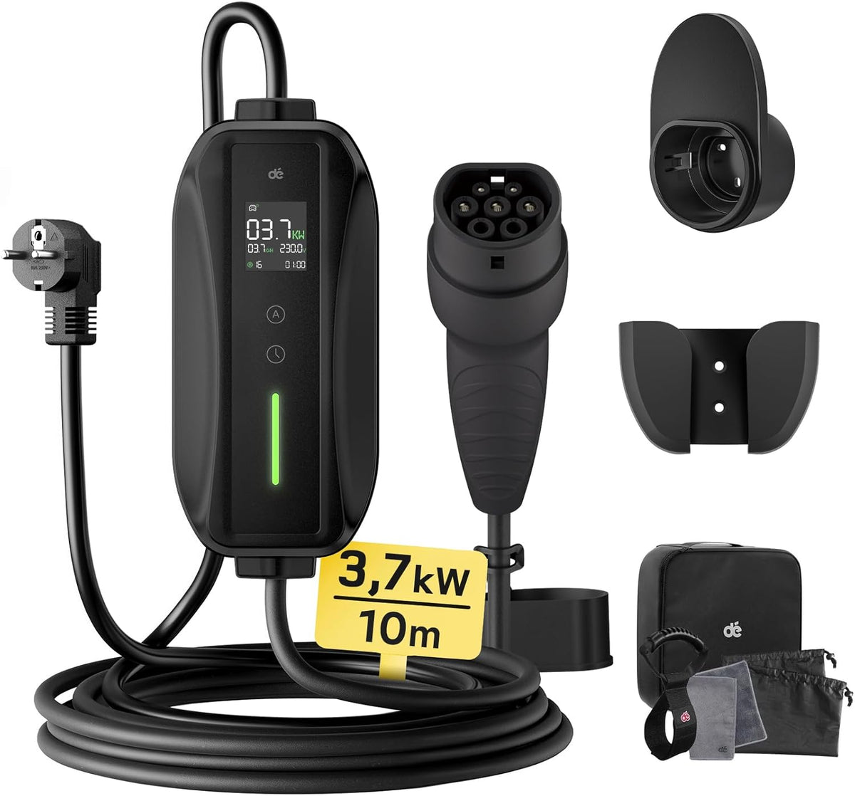 Cargador de coche eléctrico 3,68 kW [10 m, 6/8/10/13/16 A], cable de carga tipo 2 con pantalla digital LCD controlable, compatible con e-208, Spring, 500e, Model 3, Megane EV, Zoe, PHEV/EV