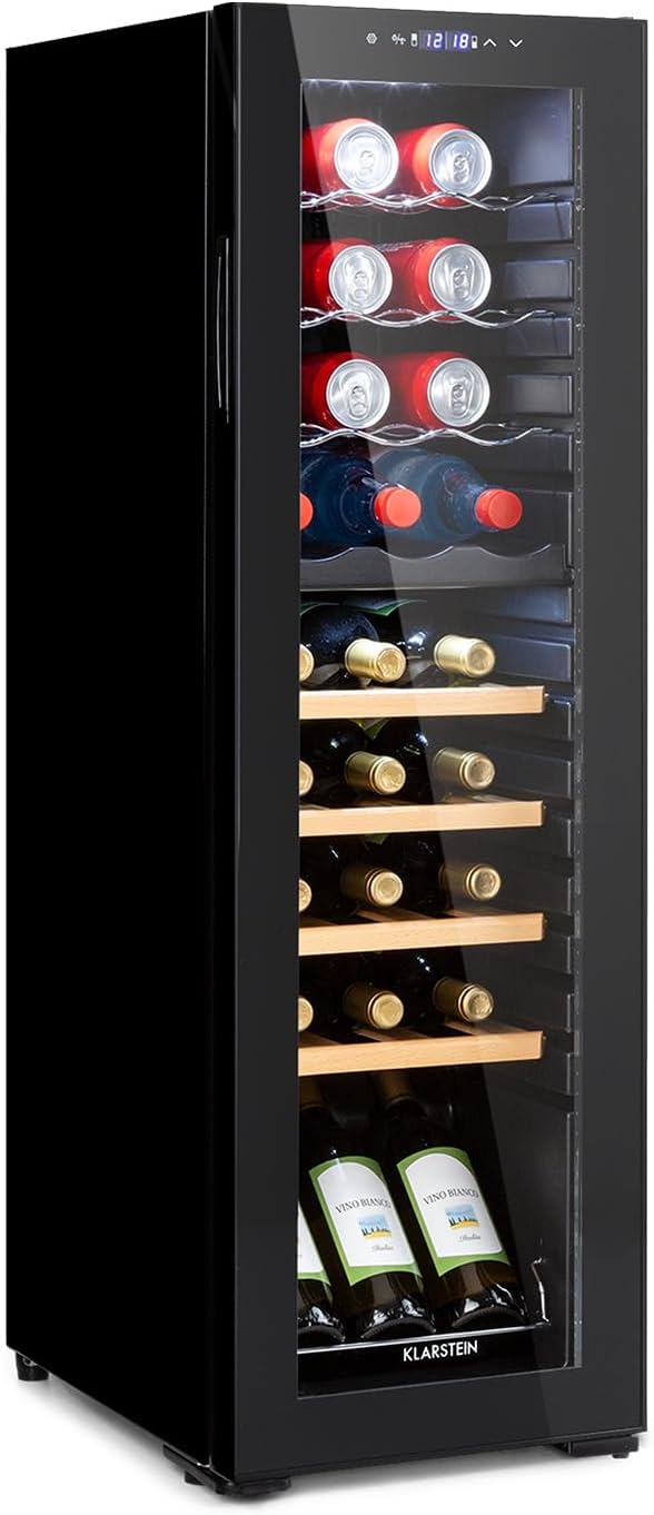 Vinoteca independiente Klarstein para 27 botellas: nevera para bebidas con 2 zonas de enfriamiento y compresor de bajo consumo, ideal para los amantes del vino, mantiene tus vinos fríos y frescos