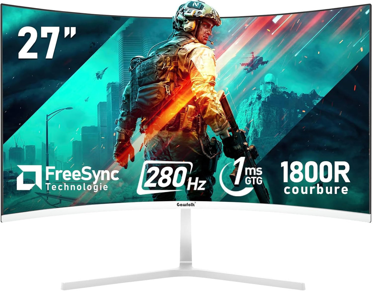 Monitor de PC curvo Gawfolk de 27 pulgadas para juegos, 280Hz, 1800R, 1ms, FHD 1080p, gran angular de 178°, marco ultradelgado, HDMI, DisplayPort, compatible con montaje en pared de 100 x 100 mm - Blanco