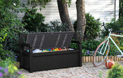 Banco de jardín Keter Eden para balcón y jardín, banco con arcón integrado de 265 l de capacidad, 140x60x84 cm, resistente a la intemperie, de fácil mantenimiento, gris, exterior, efecto madera