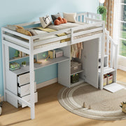 Cama alta infantil Merax 90x200 cm, con armario, escritorio, cajones y estantes, litera con escalera, somier y protección anticaídas, sin colchón, blanco/251×94×165 cm