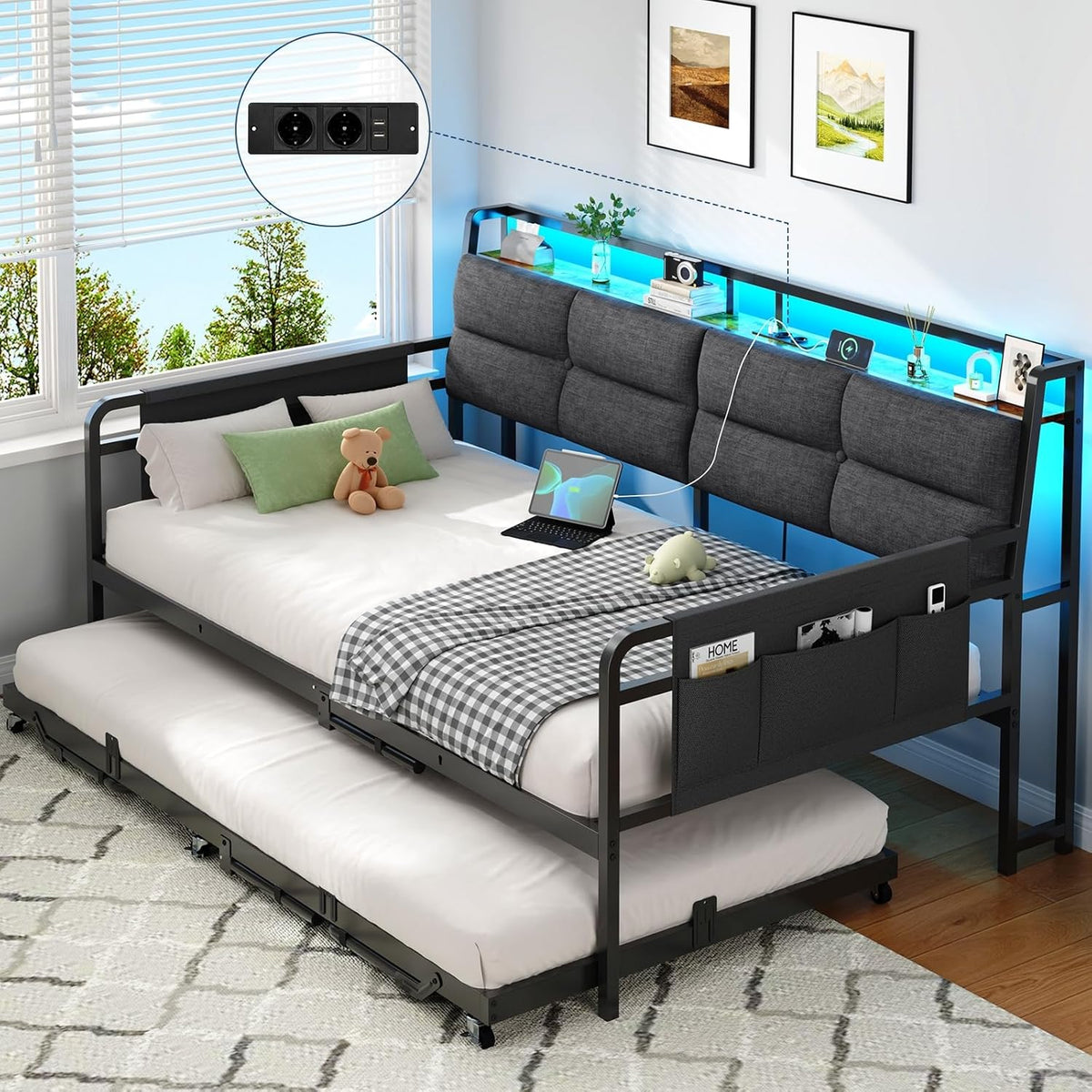 Sofá cama Brinlawb con cama nido, diván de 90x200 (180x200) cm, diván extraíble con iluminación LED y estación de carga (2 tomas de corriente CA, 2 puertos USB), cama individual y cama doble, cama de invitados