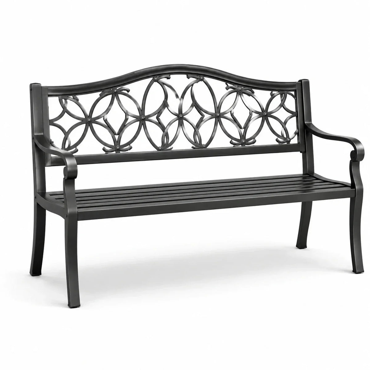 Banco de jardín de metal con diseño decorativo negro 120 cm