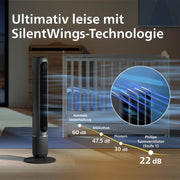 Philips Smarter Turmventilator 7000 Series – 8,4 m/s stark, ultraleise 22 dB, energieeffizient, App & Fernbedienung, Wlan, 12 Stufen, Schlafmodus, Temp‑Anzeige, 12‑h Timer, 80° Oszillation (CX7550/01)