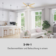 Klarstein Bolero - Ventilador de techo 2 en 1, diámetro de 134 cm, lámpara de 55 W de potencia, aspas de madera, control remoto, 50 dB, 3 velocidades: rápida, media, lenta, arce