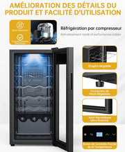 WIE Vinoteca 18 Botellas 53L Refrigerador de Vino 5°C-18°C Enfriamiento por Compresor Puerta de Cristal Panel Táctil LED Interior Nevera de Vino Bar Interior/Exterior