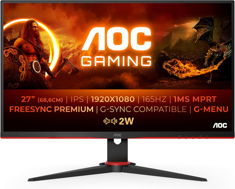 AOC Gaming 27G2SPAE - Monitor FHD 27", 165 Hz, 1 ms MPRT, FreeSync, Compatible con G-Sync, Altavoz (1920 x 1080, VGA, HDMI, DisplayPort) Negro/Rojo