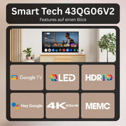 Smart Tech QLED 43QG06V2 Televisor Google TV HDR con resolución 4K UHD, Bluetooth y triple sintonizador, Smart TV 43QG06V2 (2026)