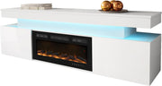 Mueble para TV Mirjan24 Serkuzo EF 2D con chimenea eléctrica, práctico mueble de televisión, soporte para TV con apertura sin tiradores, llama LED realista (blanco/blanco brillante)