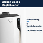 De'Longhi Pinguino PAC EM82, aire acondicionado portátil para habitaciones de hasta 80 m³, 9.400 BTU, 2,4 kW, 63 dB, función de deshumidificación, clase energética A, temporizador 24 h, blanco