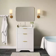 Conjunto de tocador de baño moderno estriado con lavabo de cerámica integrado, mueble de baño independiente con 3 cajones para baño contemporáneo