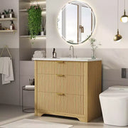 Conjunto de tocador de baño moderno estriado con lavabo de cerámica integrado, mueble de baño independiente con 3 cajones para baño contemporáneo