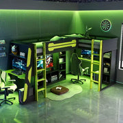 Litera tipo loft en forma de L para juegos con escritorios, litera doble con luces LED, puertos USB, estanterías de almacenamiento, cama alta esquinera de madera para 2 personas