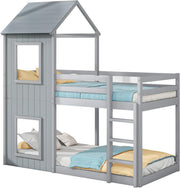 Cama infantil 90x200 cm, litera para 2 niños, cama alta con protección anticaídas, litera en forma de casa del árbol para niños y niñas, cama individual de madera maciza, cama de juegos, sin colchón, gris