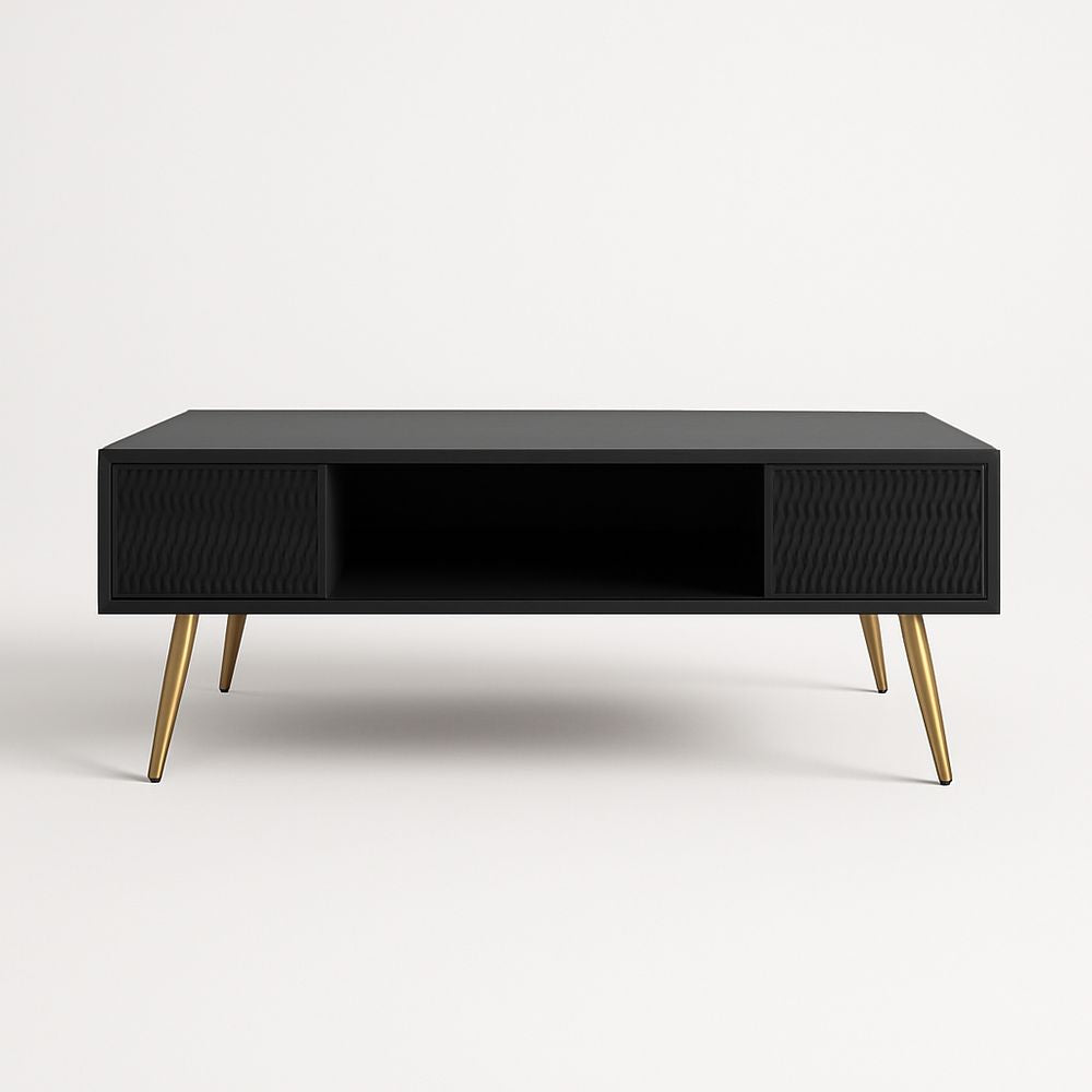 Mesa de centro negra de MDF con patas doradas