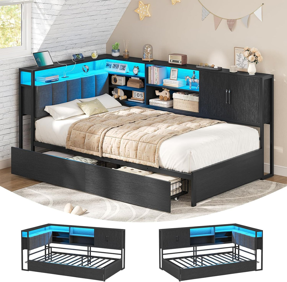 Cama tapizada, sofá cama de 90x200 con iluminación LED, estación de carga, diván, cama juvenil con 2 cajones y somier de metal, cabecero con espacio de almacenamiento, estantes abiertos, armario, negro
