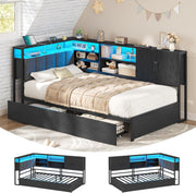 Cama tapizada, sofá cama de 90x200 con iluminación LED, estación de carga, diván, cama juvenil con 2 cajones y somier de metal, cabecero con espacio de almacenamiento, estantes abiertos, armario, negro