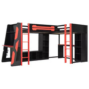 Litera tipo loft en forma de L para juegos con escritorios, litera doble con luces LED, puertos USB, estanterías de almacenamiento, cama alta esquinera de madera para 2 personas