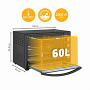 Minihorno TZS First Austria 60 L 2000 W, horno para pizza, 230 °C, 6 modos, temporizador de 60 min, 4 alturas de inserción, bandeja de horno, rejilla, asador giratorio, A++