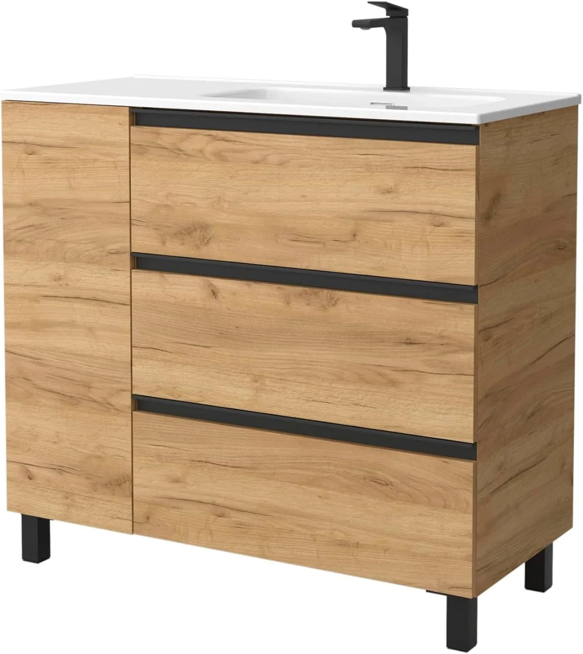 Mueble de baño BEQUIA Plus Metal 3 cajones 90 cm Roble | Lavabo porcelana grifo derecha