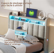 Cama abatible 90x200 cm con LED y puertos USB, cabecero con almacenamiento, cama individual con somier de láminas, fácil de montar, para adultos y adolescentes, terciopelo (gris, 90x200 cm)