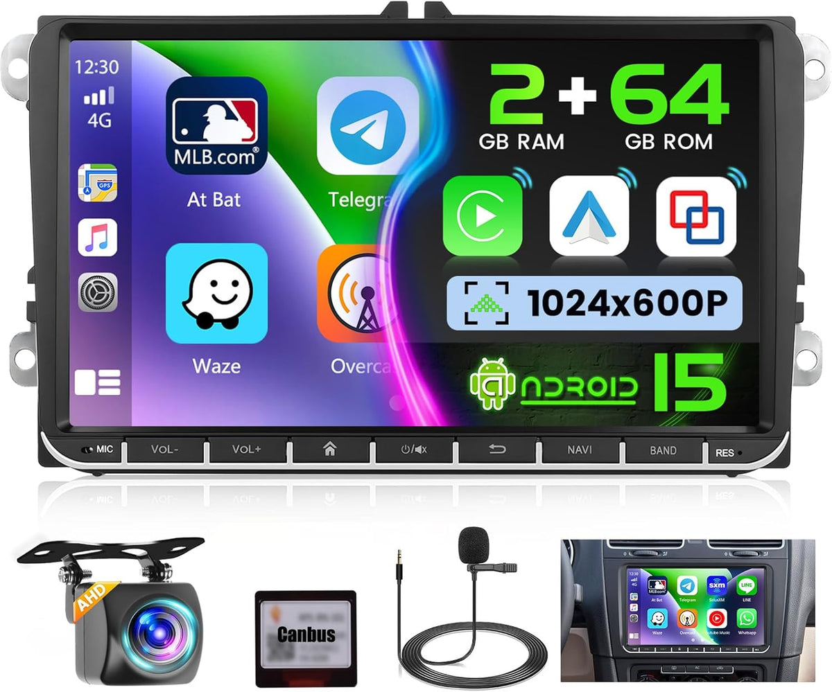 Ohradio 2G+64G 9" Android 15 Autorradio para VW Golf Polo Touran Caddy Passat Seat Estéreo con CarPlay inalámbrico Android Auto GPS FM/RDS Radio WiFi 2USB + Cámara de visión trasera + MIC - 2DIN