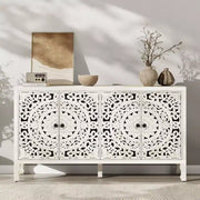 Aparador con almacenamiento, gabinete de almacenamiento con acabado desgastado, 4 puertas talladas y estante ajustable, mueble buffet de madera decorativo