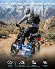 Bicicleta eléctrica OUXI E-Bike con motor de 250 W, Fatbike de 20" x 4.0, frenos de disco hidráulicos, desbloqueo NFC, par de 60 Nm y portaequipajes delantero y trasero