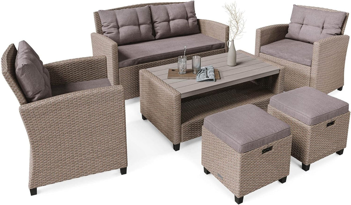 Set de muebles de jardín de poliratán Firenze de di volio - Conjunto lounge con sofá doble, 2 sillones, 2 taburetes y mesa - Set de muebles de jardín con aspecto de ratán, incluye una manta de forro polar