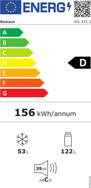 Refrigerador con congelador Bomann® de 143 cm de altura | Frigorífico combi de 175 L con 3 estantes y 3 cajones | Sentido de apertura de puerta reversible | Frigorífico combi silencioso de 39 dB | Frigorífico KG 322.1 aspecto inox