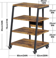 Rack HiFi de madera de 4 niveles con regletas y estante ajustable | Mesa para tocadiscos con ruedas y luces LED, estante para sistema estéreo, soporte multimedia para audio, equipos de sonido, TV, 60x52x78 cm