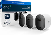 Arlo Pro 5 2K, Cámara de seguridad WiFi para exteriores sin cables, visión nocturna a color avanzada, foco, sirena y WiFi de doble banda, prueba de suscripción Secure incluida, 3 cámaras, blanco