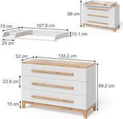 Cambiador Malia, Blanco/Artesano, 133.2x98cm con 3 cajones