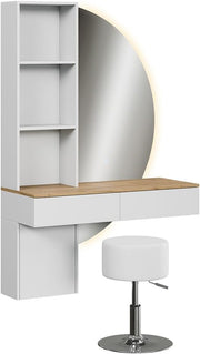 Tocador Vicco Melora, blanco/roble, 100 cm con espejo LED y taburete