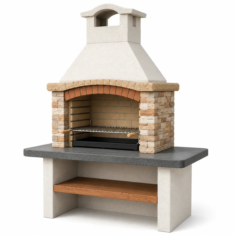 Chimenea de barbacoa de piedra y cerámica beige/gris