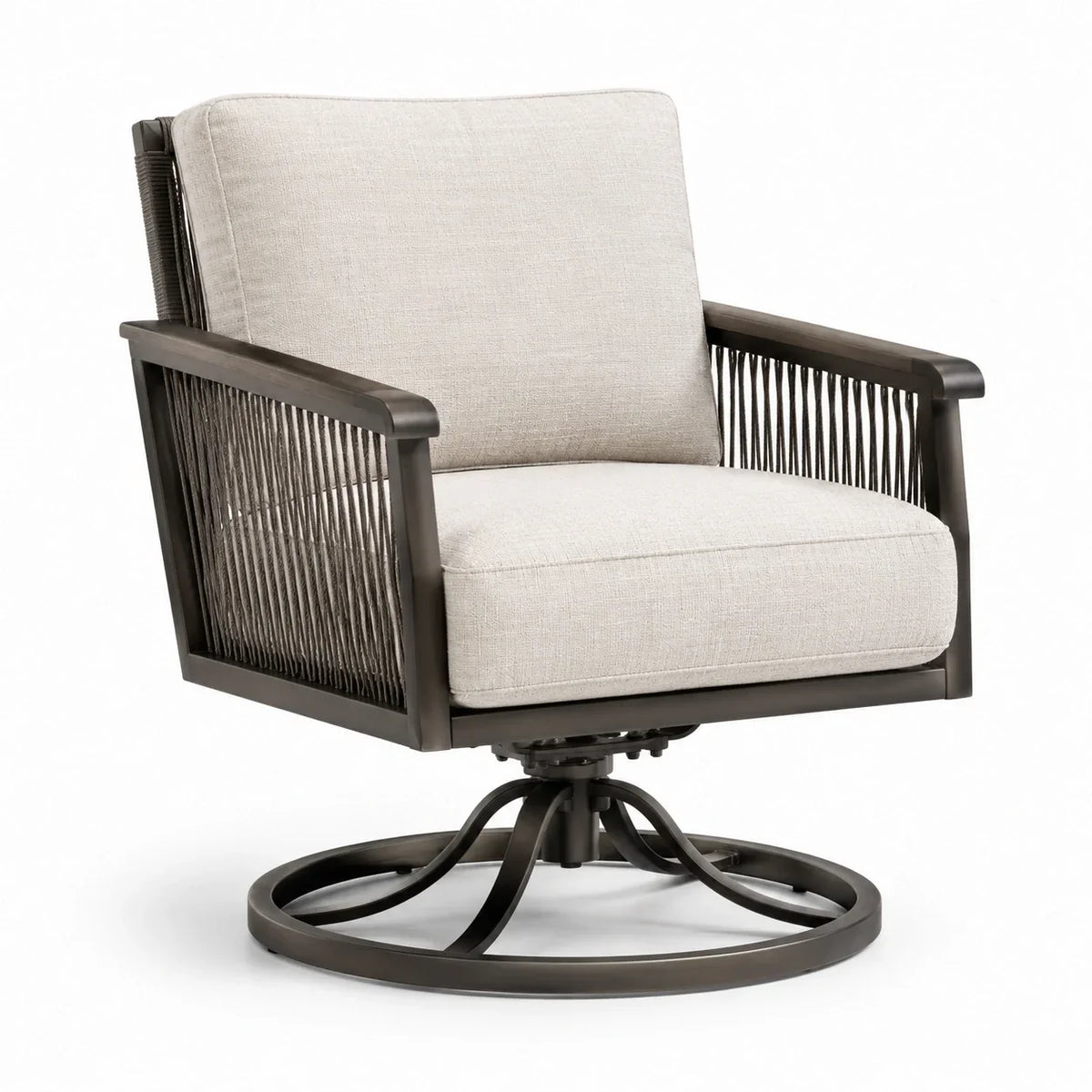Sillón giratorio con estructura de acero y tapicería de poliéster, beige