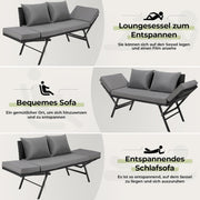 Banco de jardín LIFERUN de poliratán con función de reclinado, mueble de poliratán para 2 personas, sofá de jardín de ratán con reposabrazos ajustables, banco de jardín resistente a la intemperie para terraza, jardín, balcón (negro), 2 cojines incluidos