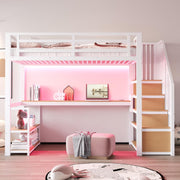 Cama alta de metal Kebnor con escalera de almacenamiento con estantes y mesa, diseño de valla de seguridad con tablones de metal empalmados, cama con estructura de hierro alta con marco de metal para mayor estabilidad (Blanco 90 * 200 cm)