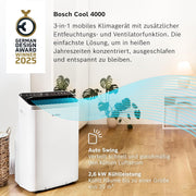 Acondicionador de aire móvil Bosch Cool 4000 - 3 en 1: aire acondicionado, deshumidificador, ventilador - 2,6 kW para habitaciones de hasta 35 m² - Con modo automático, modo silencioso y modo de suspensión